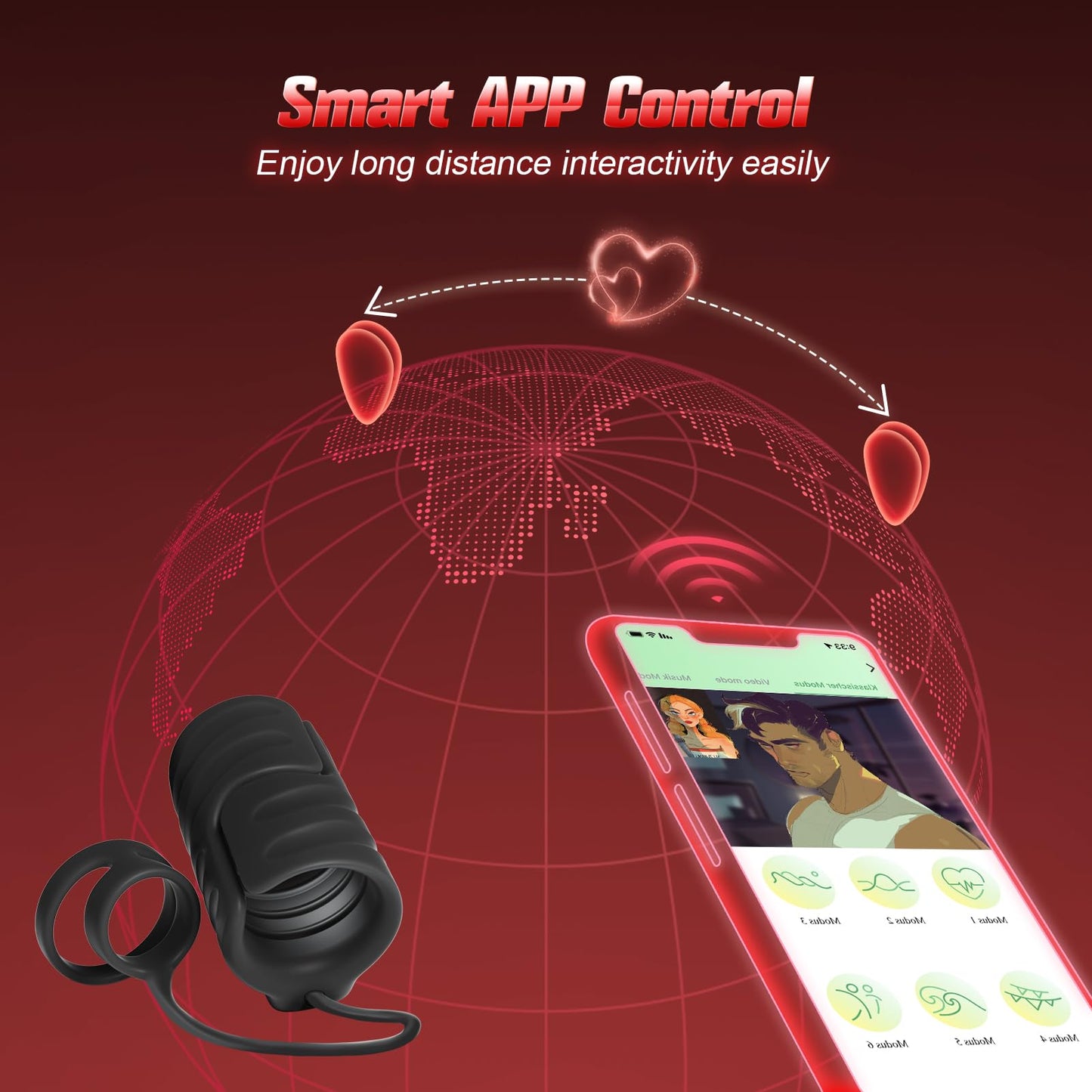 Eveandlove APP & Remote Control 9 Vibrating with 2 Cock Penis Ring Stretchy Male Masturbator