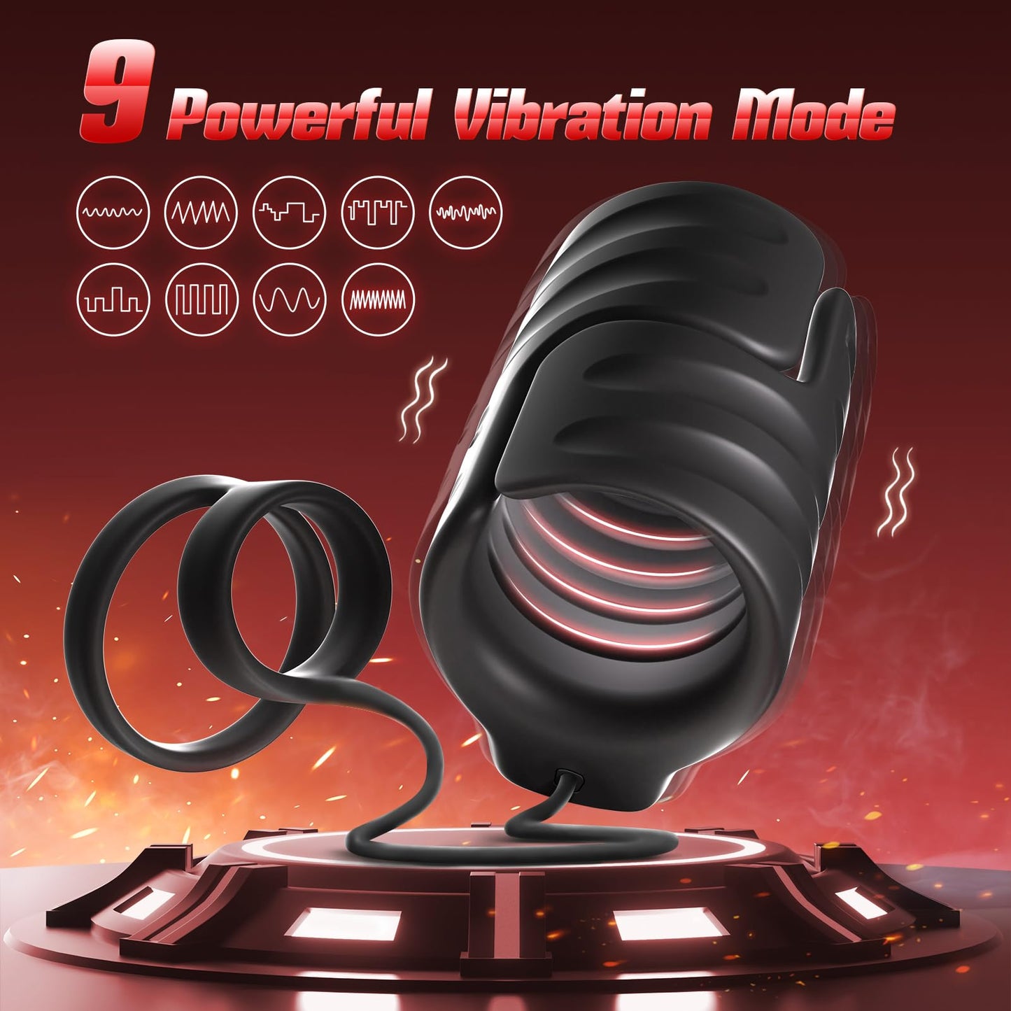 Eveandlove APP & Remote Control 9 Vibrating with 2 Cock Penis Ring Stretchy Male Masturbator